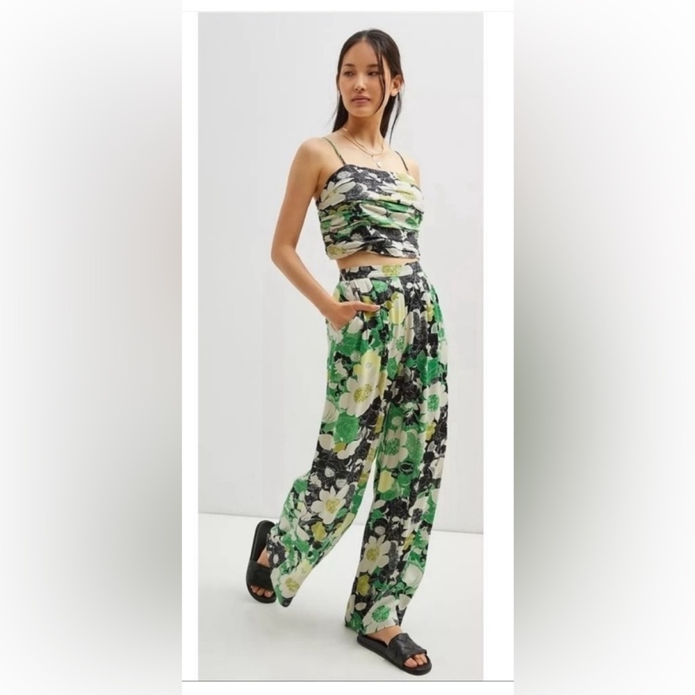Anthropologie Green Floral Wide Leg Jumpsuit
